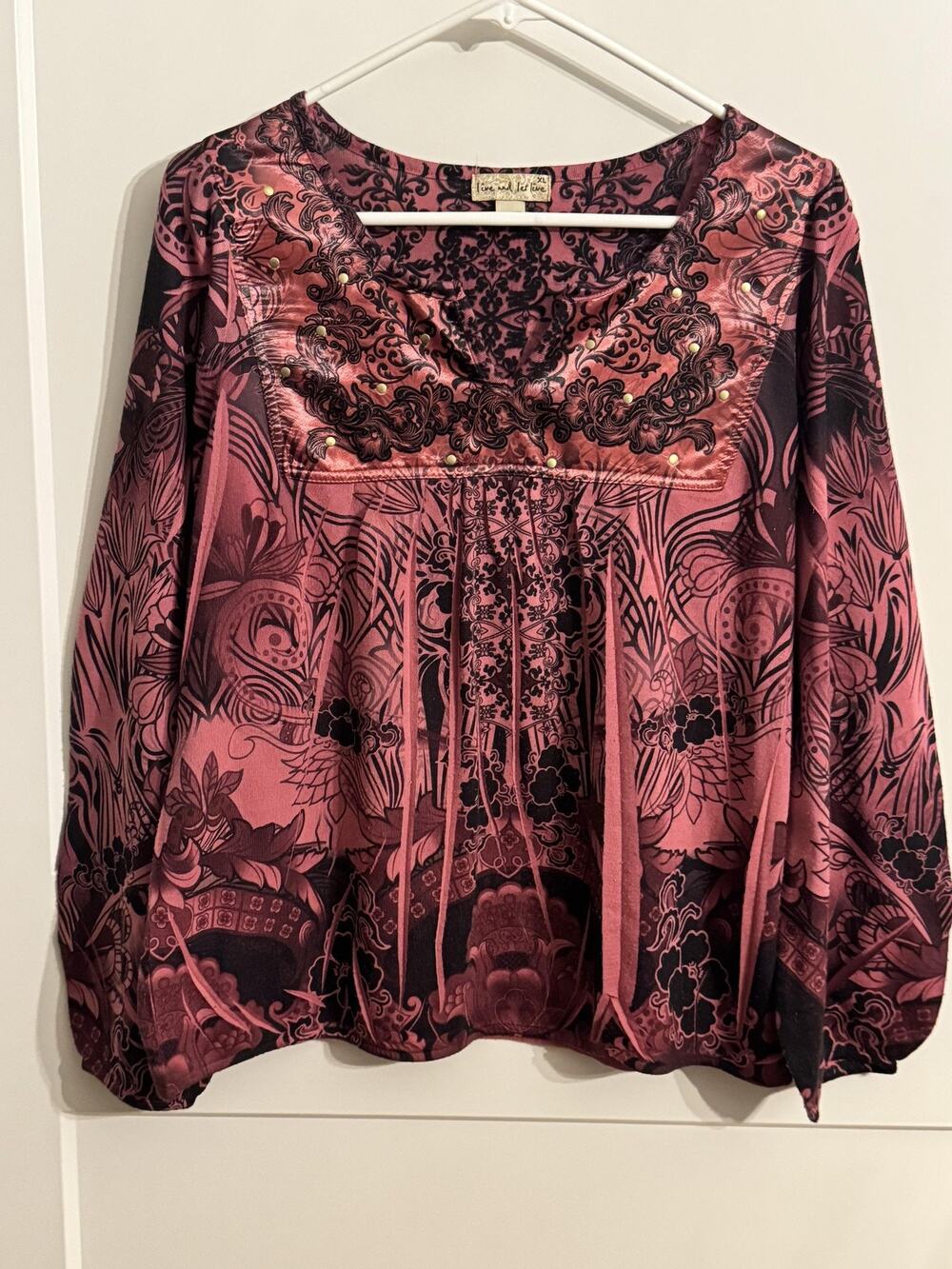 Live And Let Live Tunic Top Womens XL Pink Floral Studded V Neck Boho Sleeve